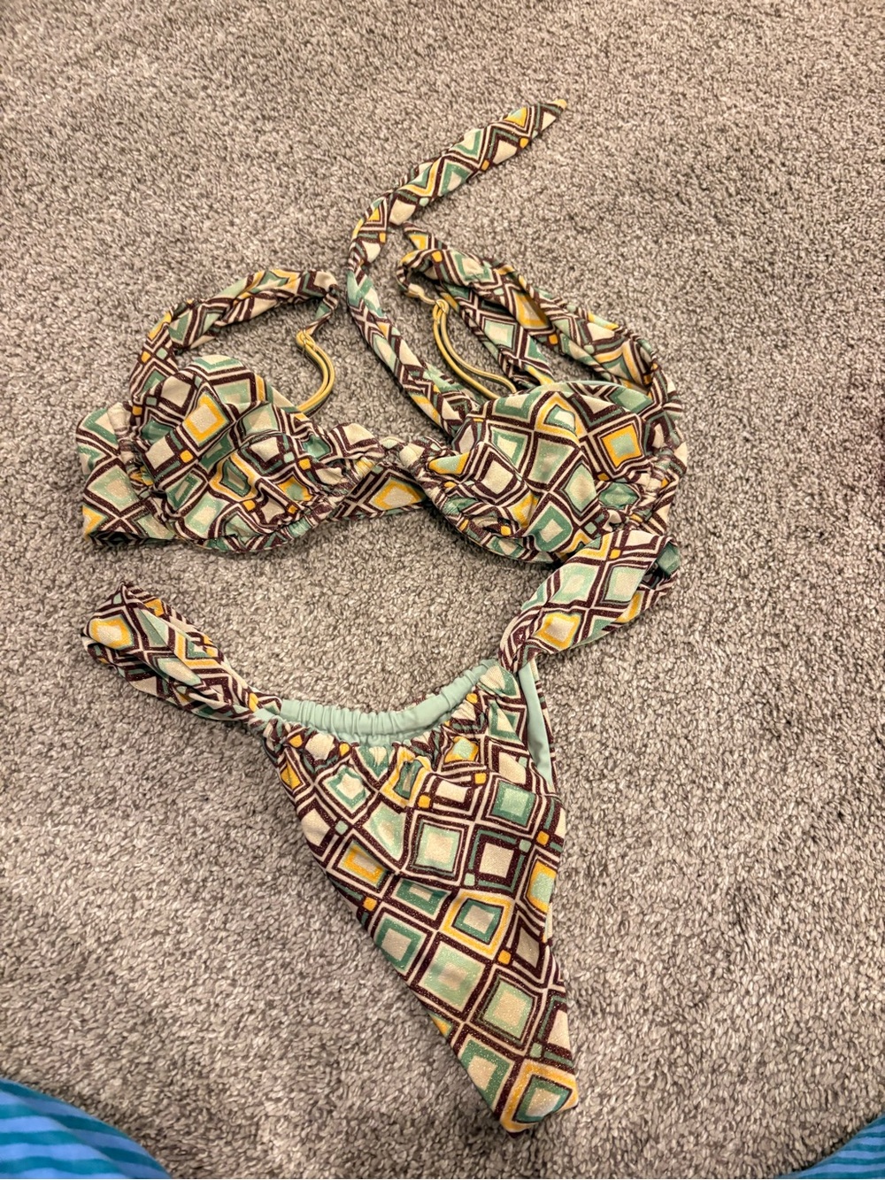Bydee: Geometric Print Bikini Set - Mint, Mustard & Brown